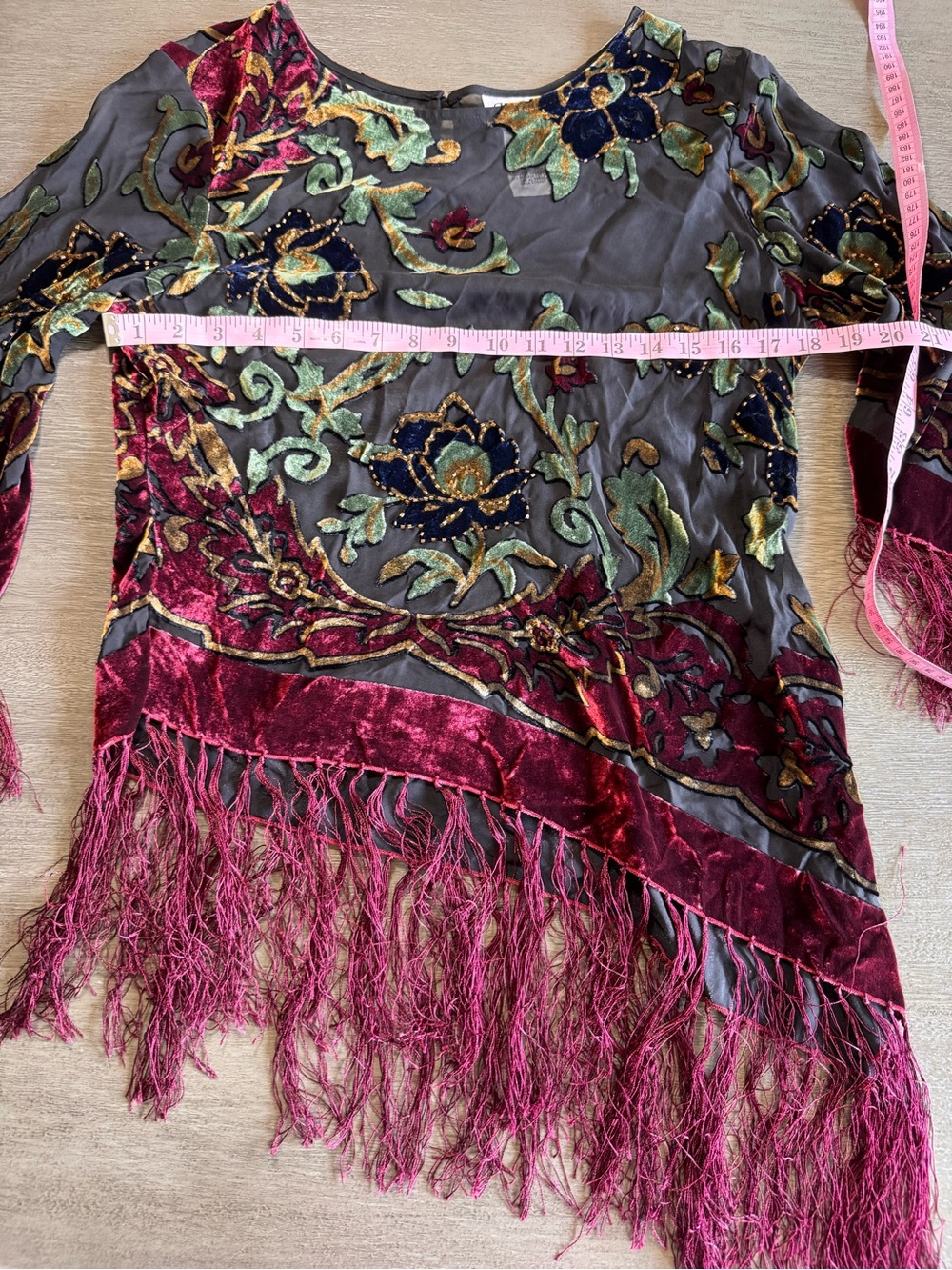 🤍Vintage Silk Fringe Beaded Patchwork Blouse Asymmetrical Top M - Picture 14 of 15